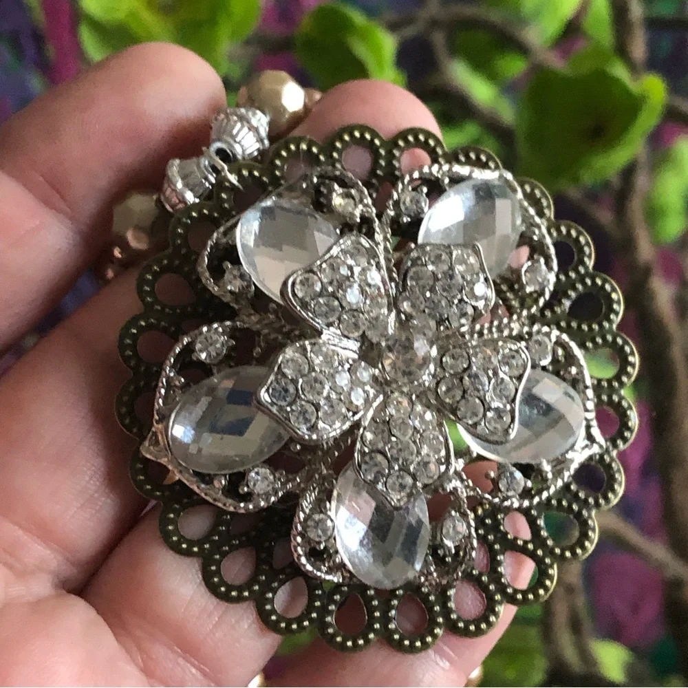 Handcrafted repurpose floral stone filigree pendant Czech glass Pearl necklace